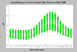 pH by Hour, Sheepscot River above Head Tide (RKm10.35) 2001-2003.